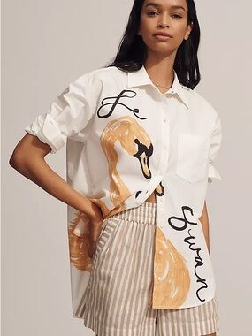 NWT Maeve White Button-Down Shirt with Mustard Graphic Xlp